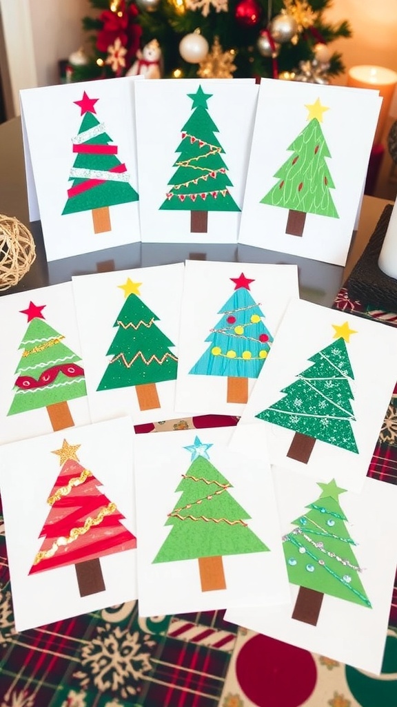 Handmade Christmas cards with colorful tree designs on a festive table.